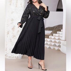 SHEIN Modelyn Plus Gold Star Print Flounce Sleeve Pleated Hem Belted Dress